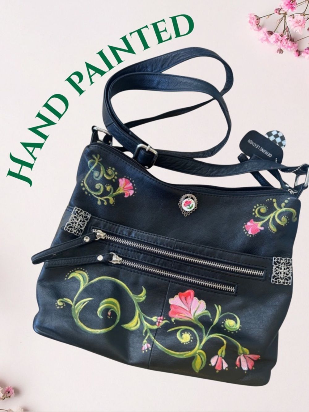 Upcycled Hand-Painted Boho Chic Floral Vintage Great American Leatherworks  Bag